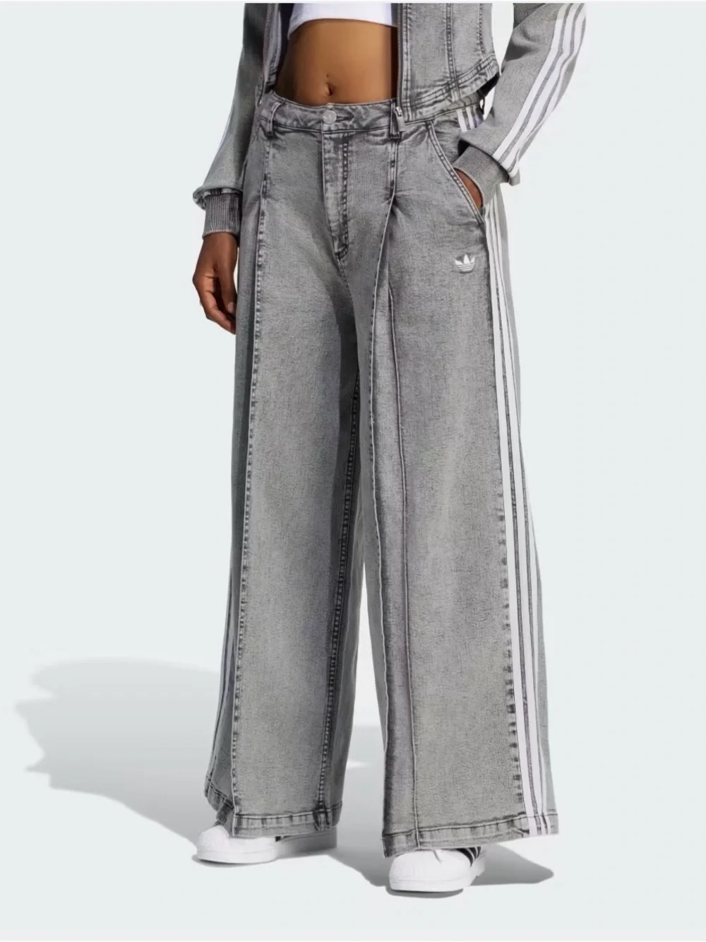 adidas Washed Grey Wide-Leg Flare Jeans with White Side Stripes